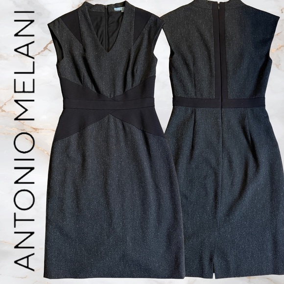 ANTONIO MELANI Dresses & Skirts - Stretchy Black and Tweed-Look V-Neck Midi Sheath Dress Slimming Waist Detail